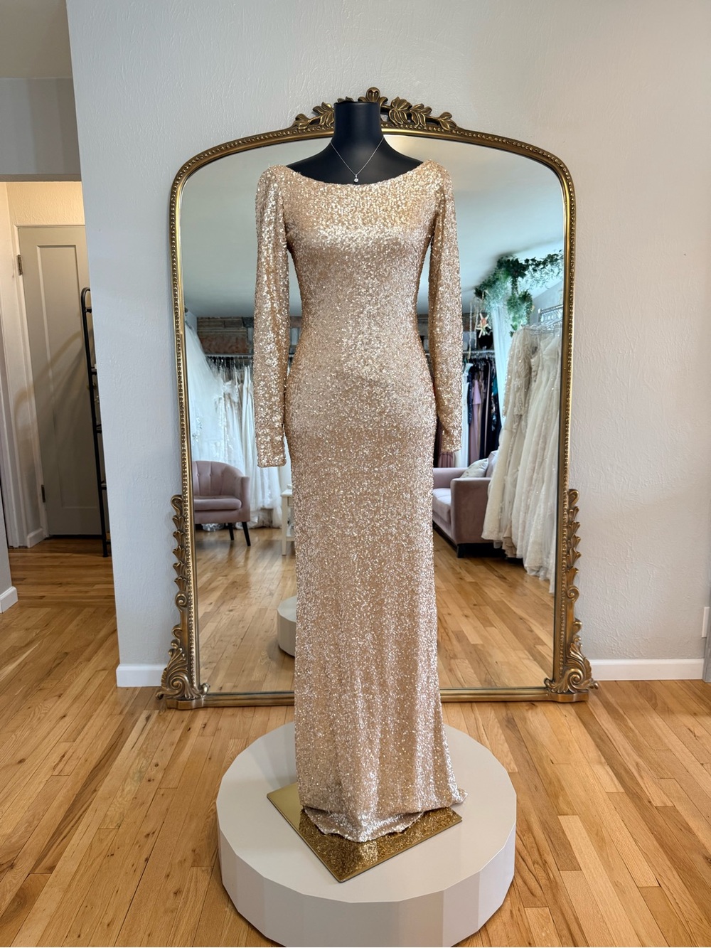 SORELLA VITA Long-Sleeve Sequin Gown in Champagne Gold